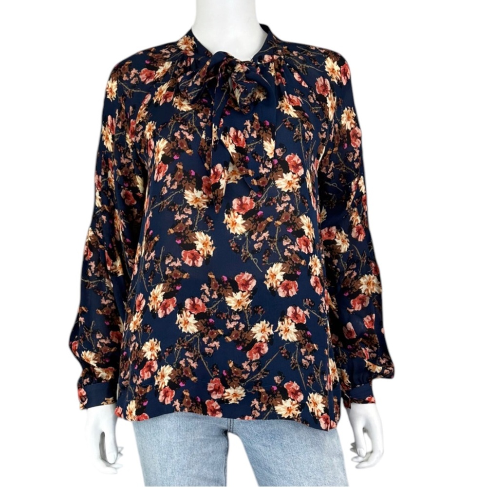 Gemma 100% Silk Navy Floral Blouse Size XS A0006